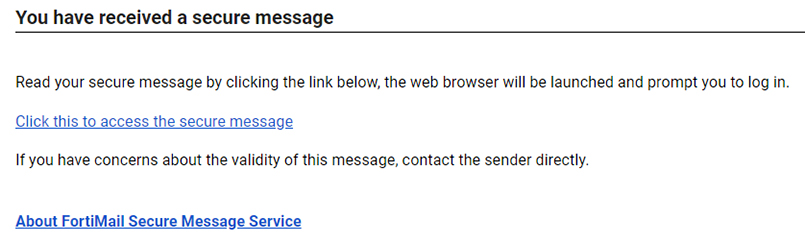 Example message showing a secure message has been received from ACU of Texas